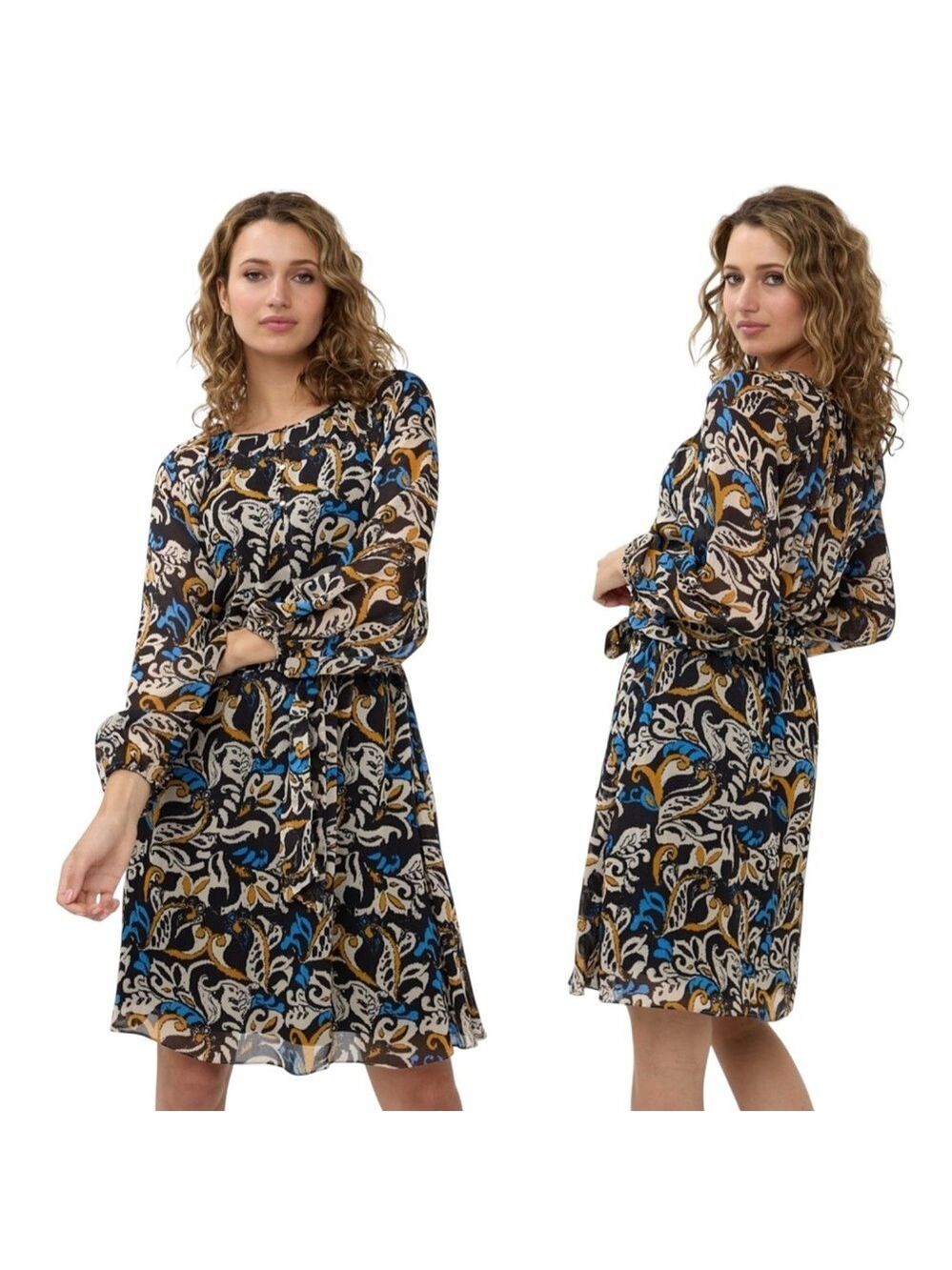 EsQualo Leaves Print Belted Mini Dress Size 6 Blue Brown Elegant Tie Waist